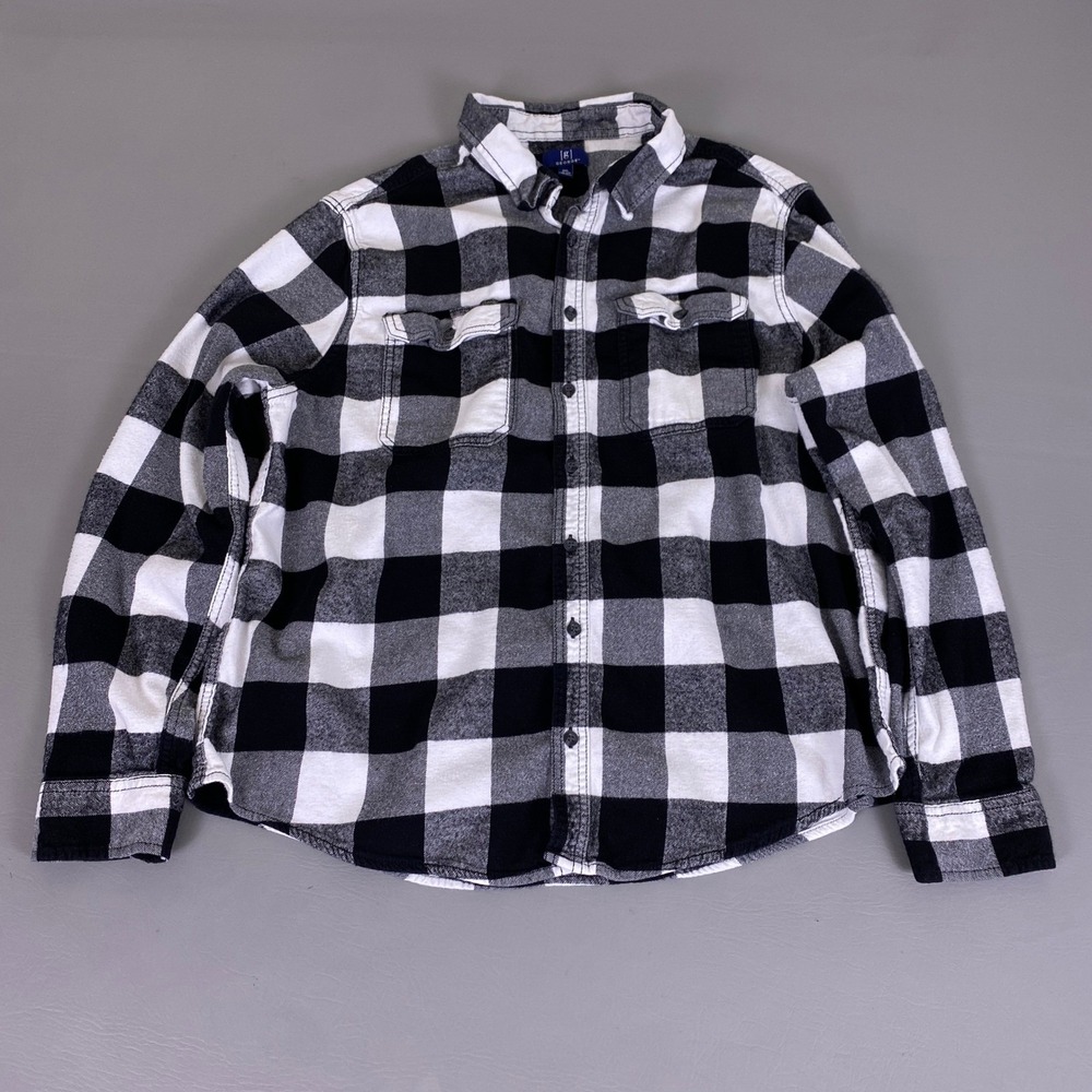 George Flannel Shirt Mens 2XL Buffalo Plaid Button Down Shirt Black White Cotton